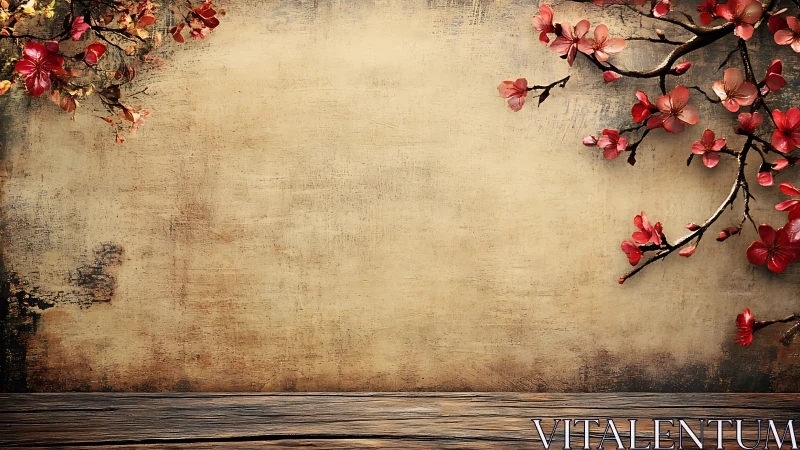 Rustic wall with red cherry blossoms and wooden tabletop backdrop.
