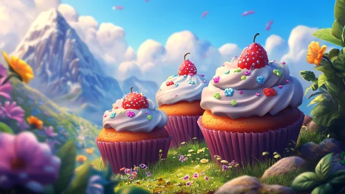 Enchanted Cupcakes in Alpine Meadow Landscape Scene