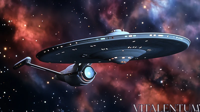 Starship glides past vivid nebula in deep space silence.
