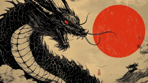 Ferocious black dragon coiled before bold red sun circle.