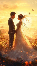 Sunlit bridal couple in backlit golden hour landscape portrait