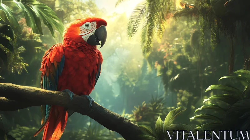 Scarlet macaw on branch in sunlit tropical rainforest.