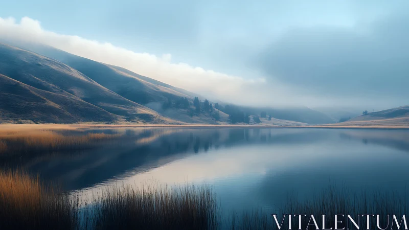 Misty blue lake mirrors golden hills under soft dawn light