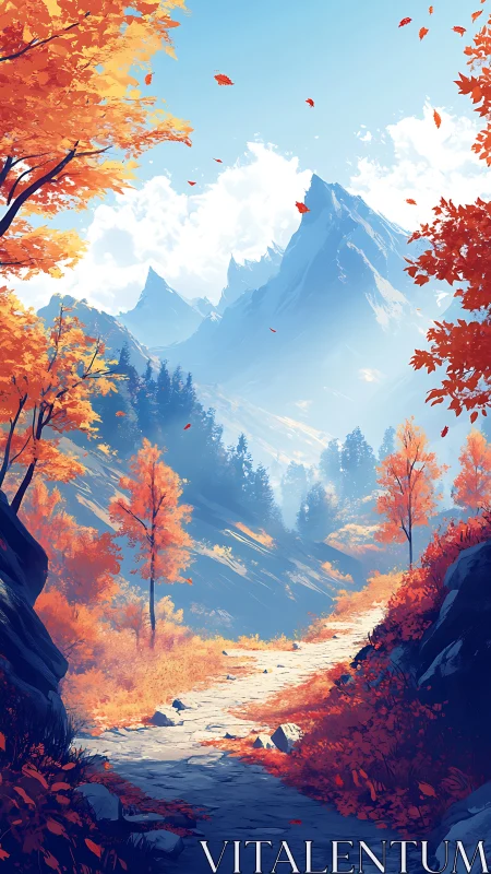 Mountain valley path bordered by orange autumn foliage.