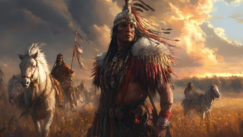 Indigenous horsemen in feathered regalia crossing grassland.