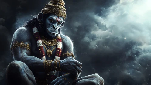 Mythic simian warrior rendered in stormlit digital chiaroscuro.