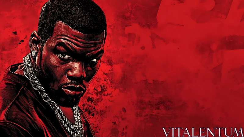 Stylized male portrait against textured red backdrop.