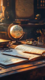Sunlit scholar’s desk with globe, open tomes, and dust motes.