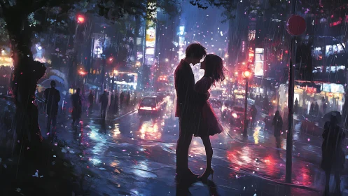 Lovers embrace in a neon city street under gentle rain