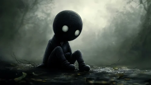 Melancholy shadow doll resting in a mist-soaked forest hush.