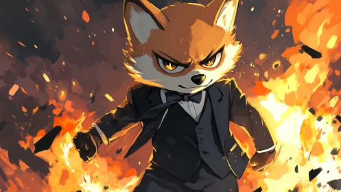 Determined fox in suit strides through blazing explosion.