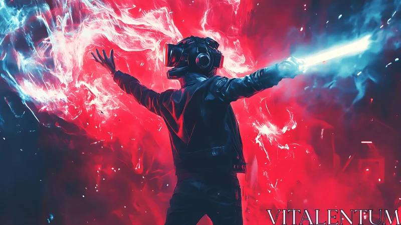 Figure with headset and light blade stands amid red vapor