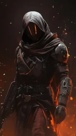Hooded sci fi guardian strides through sparks and shadow