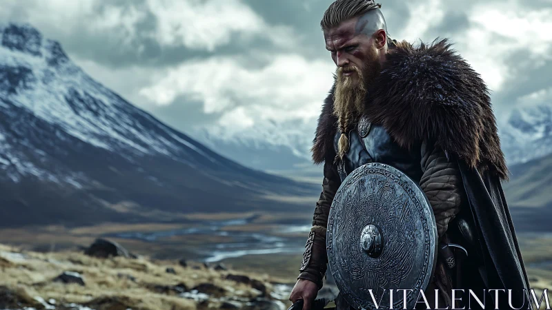 Brooding Viking warrior in stormy Nordic mountain valley.