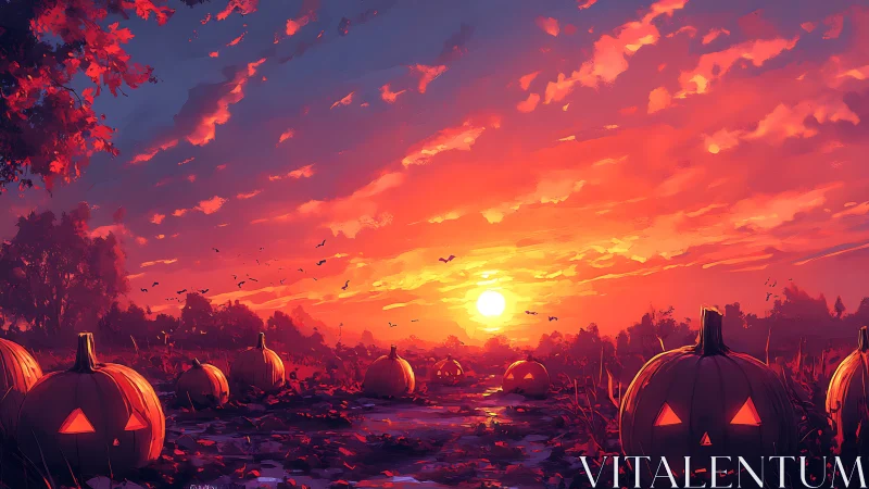 Halloween pumpkin field under vivid sunset sky.