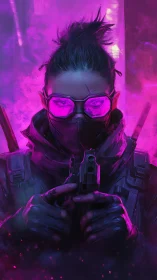 Neon-lit cyberpunk operative aims handgun amid dense magenta fog