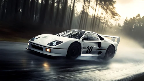 White racing sports car on wet forest road in motion view.