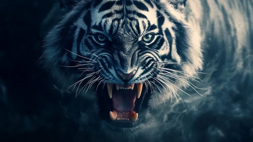 Snarling white tiger portrait in cinematic low key lighting.