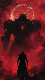 Silhouetted warrior confronts colossal mech in crimson haze