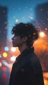 Silhouetted youth contemplates city lights in gentle rain.