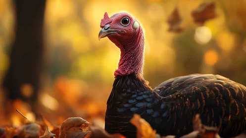 Wild Turkey Profile Against Autumn Foliage.