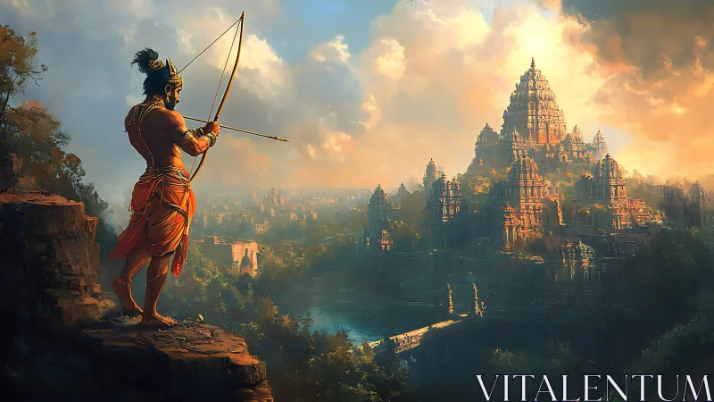 Archer overlooks vast temple city under dramatic sunrise light