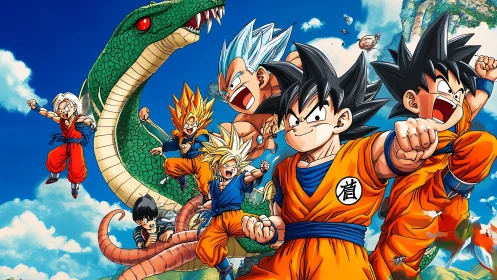 Group of martial artists and dragon in stylized landscape.