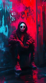 Hooded urban specter under neon bicolor chromatic field.