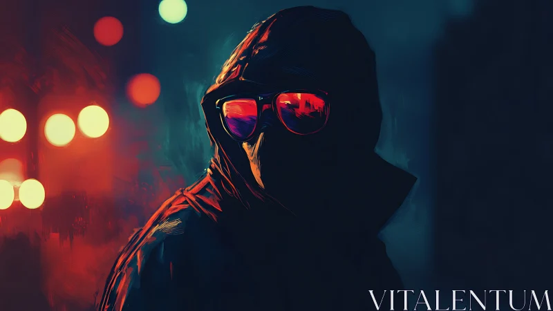 Hooded figure in red jacket and glasses at night street.