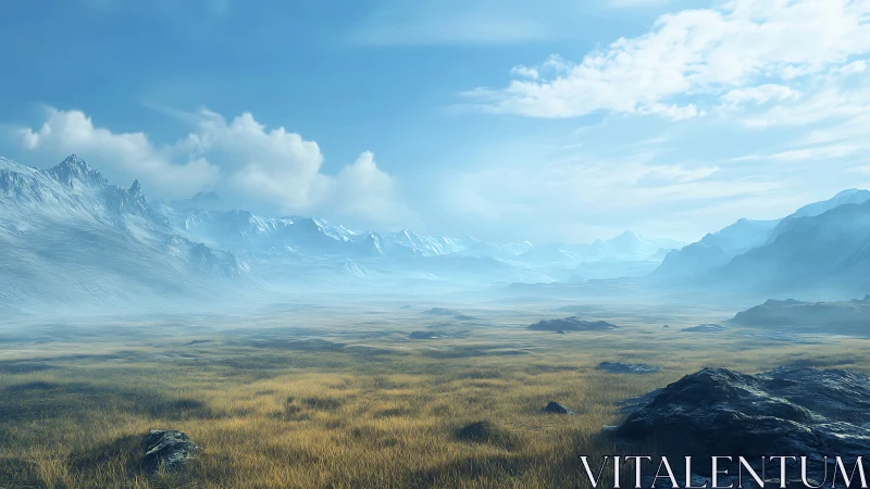 Frozen mountain valley with golden tundra under blue sky