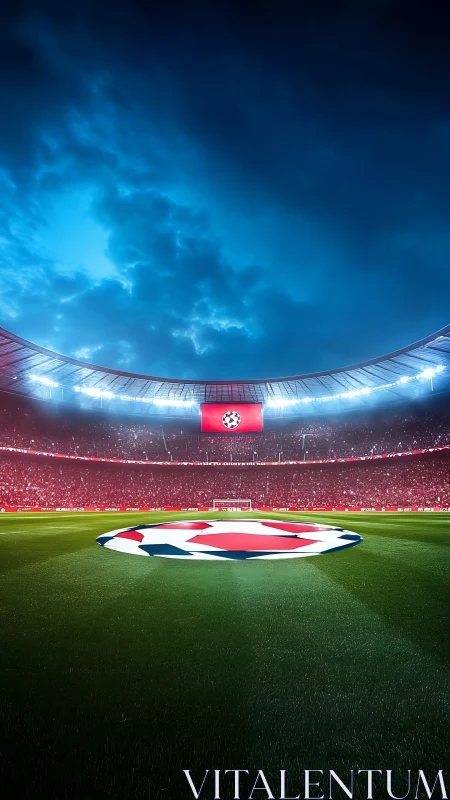 Floodlit football stadium glows under dramatic storm sky.