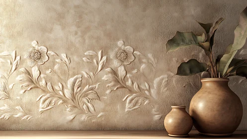 Textured floral relief wall with ceramic vases arrangement.