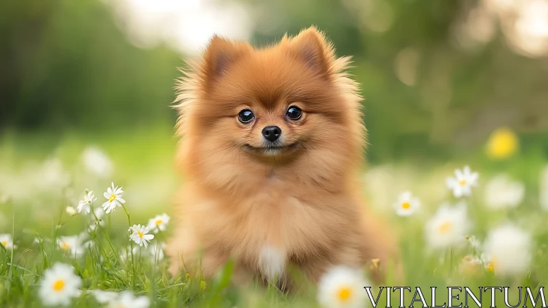 Fluffy Pomeranian puppy sitting in green meadow of daisies.
