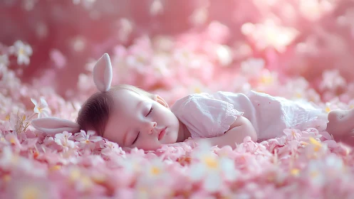 Sleeping infant with bunny ears on soft pink petals.