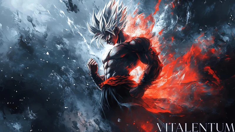 Fiery anime warrior rises from swirling elemental chaos.