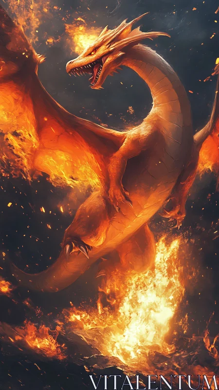 Inferno dragon rising through blazing volcanic firestorm.