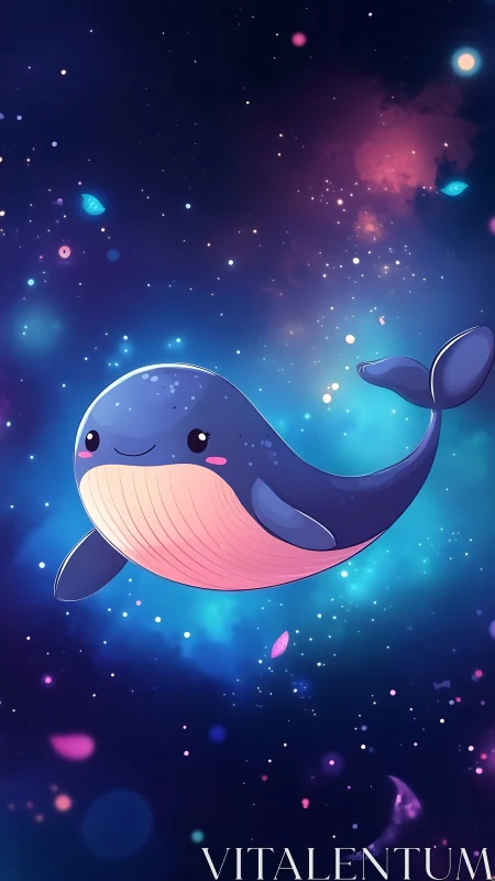 Cute cosmic whale drifting through glowing starfield.