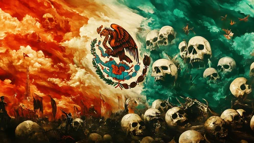 Storm-torn Mexican emblem rides a tidal wave of painted skulls