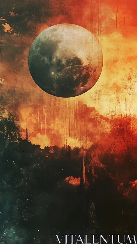 Lunar sphere over textured red and dark atmospheric field.