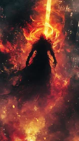 Flaming shadow figure beneath descending pillar of fire.