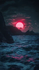 Neon magenta sun descends over turbulent nocturnal seascape