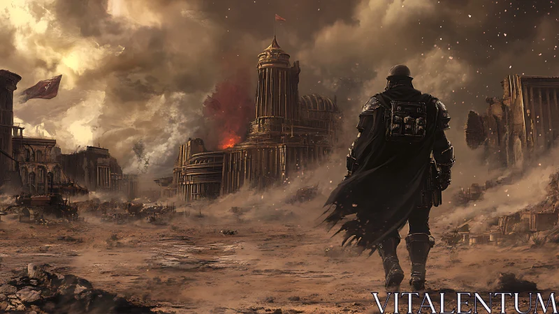 Lone armored wanderer approaches burning post apocalyptic citadel