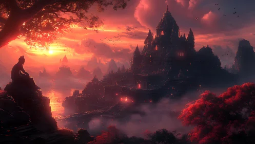 Temple city at sunset with meditating figure and mist.