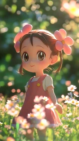 Sunlit anime child in shallow-depth flower field rendering.