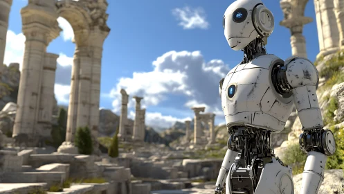 Weathered service robot in high‑detail ruins under daylight