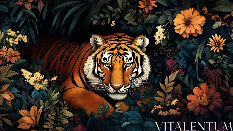 Tiger settles like burning dusk amid midnight jungle blooms