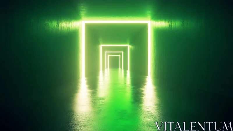 Luminous green portal tunnel with recursive neon frames.