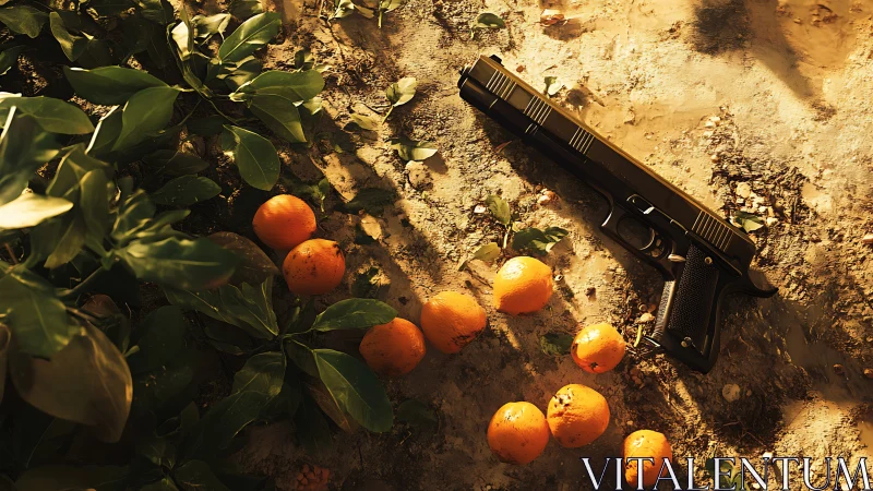Black handgun rests near fallen oranges in warm sunlight