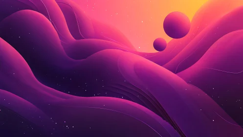 Vibrant neon dunes flow beneath glowing celestial spheres