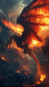Fiery dragon soars through stormlit skies of glowing embers.
